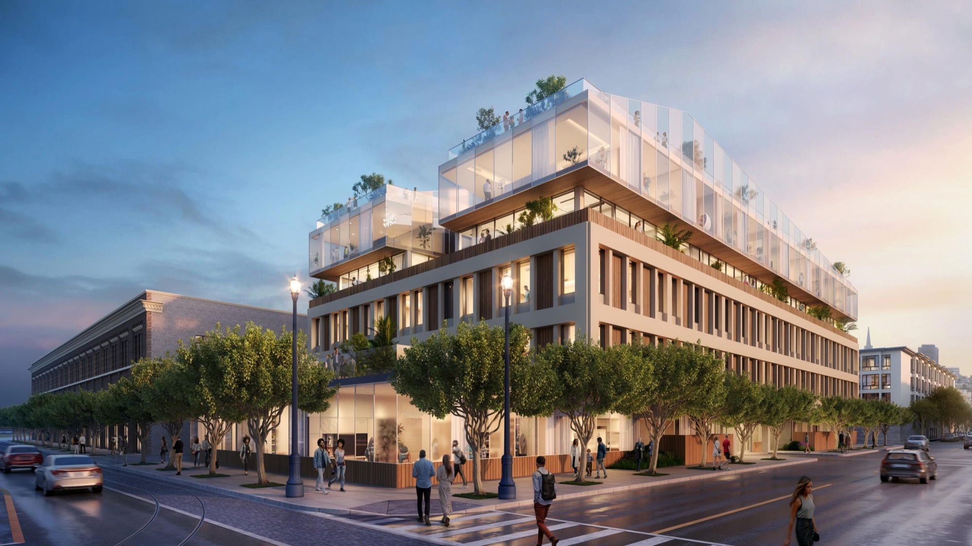 Rendering of The Otis at 2300 Stockton Street: a five-story building with two glass upper floors added above a renovated three-story base, seen from the street corner at dusk